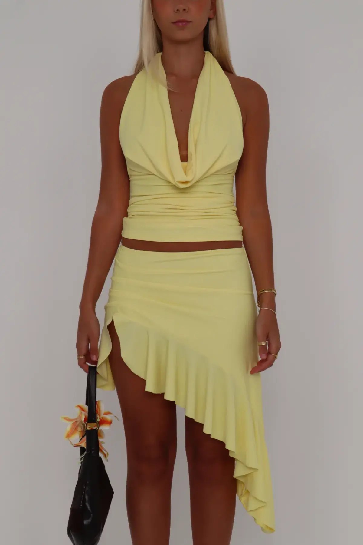 Orphe Soleil Plunge Top and Midi Skirt Set Buttery Yellow Size 10 photo 2