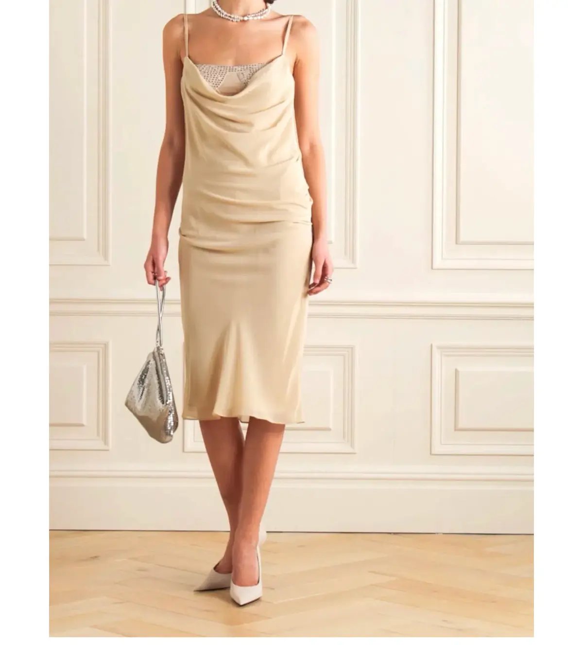 The Attico Crystal Embellished Draped Crepe Bustier Midi Dress Beige Size 8 photo 3
