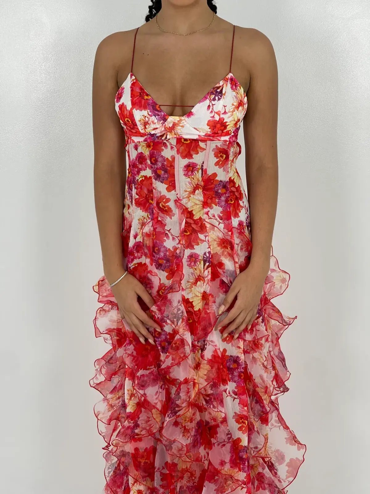 Menti Red Iris Floral Midi Dress Size 6 photo 3
