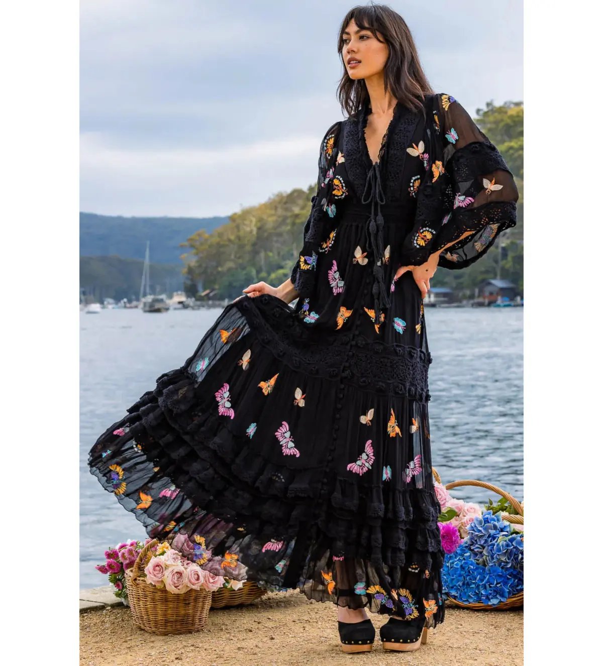 Fillyboo Madam Butterfly embroidered Maxi Dress in Black Size XL /AU 14 photo 2