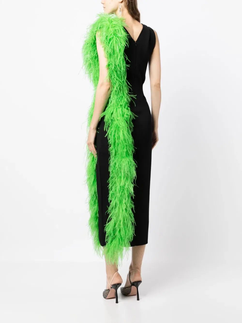 Rachel Gilbert Elcie Feather Trim Midi Dress Black/Green Size 10 photo 2