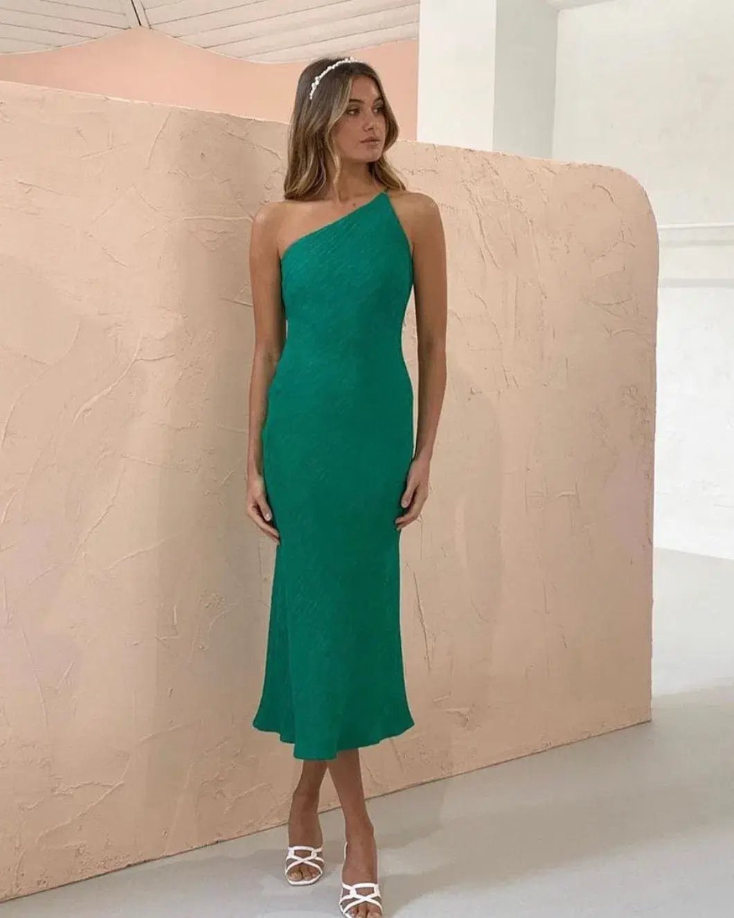 By Johnny Asymmetric Crimp Bias Midi Dress Green Size 12 photo 4