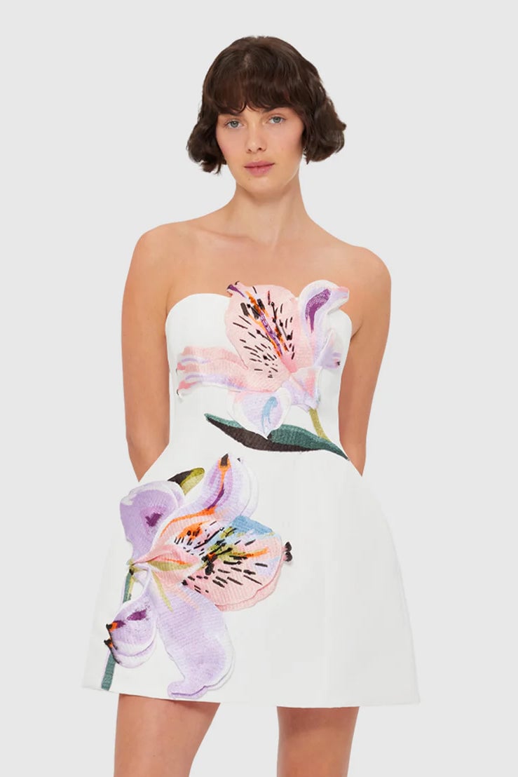 Leo Lin Rosario Appliqué Bustier Mini Dress - Lily Print in Snow photo 4