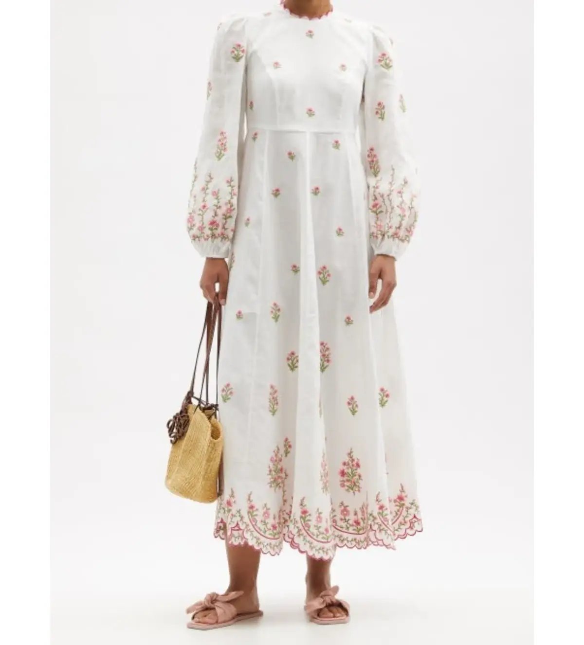 Zimmermann Poppy Floral-Embroidered Linen-Blend Midi Dress White Size 3/AU 14 photo 3
