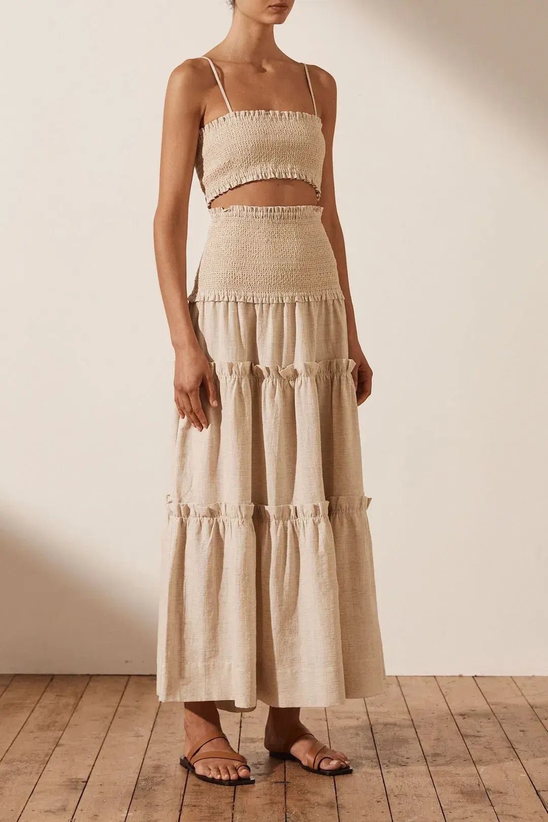 SHONA JOY Fiona Shirred Bralette and Tiered Midi Skirt Set CREAM Size AU 6 photo 2