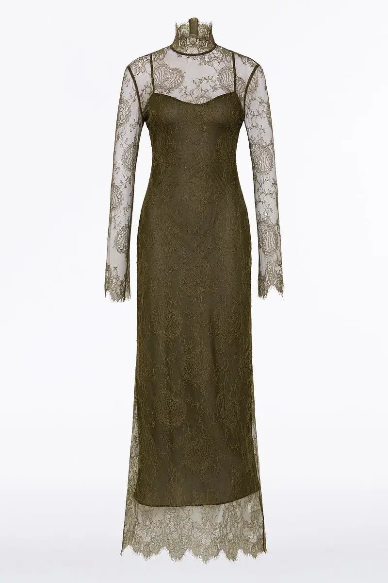 Carla Zampatti Juniper Chantilly Lace Sleeved Gown Olive Size 14 photo 5