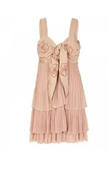 Camilla and Marc c&m Kamille Mini Dress Tiered Bow Pleated Beige Tan AU 10 / us 6 photo 2