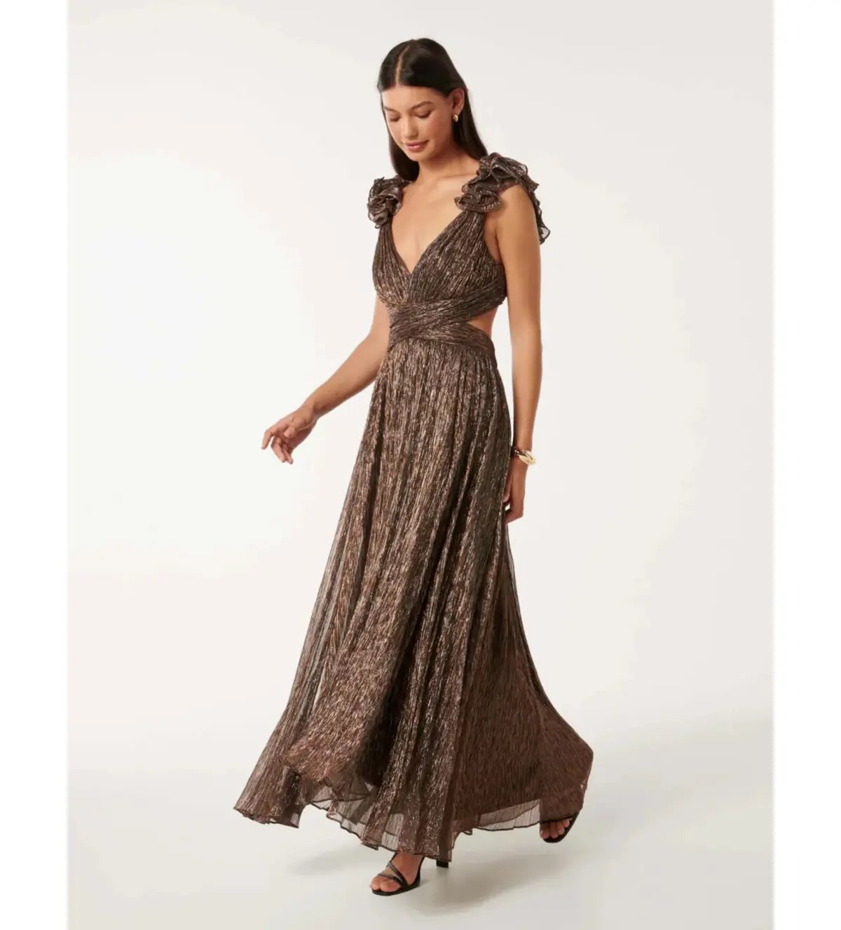 Selena Plisse Ruffle Shoulder Maxi Dress Brown Size 10 photo 2