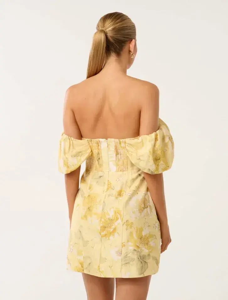 Forever New Jacquie Off Shoulder Mini Dress Gold Layla Botanical Size AU 12 photo 2