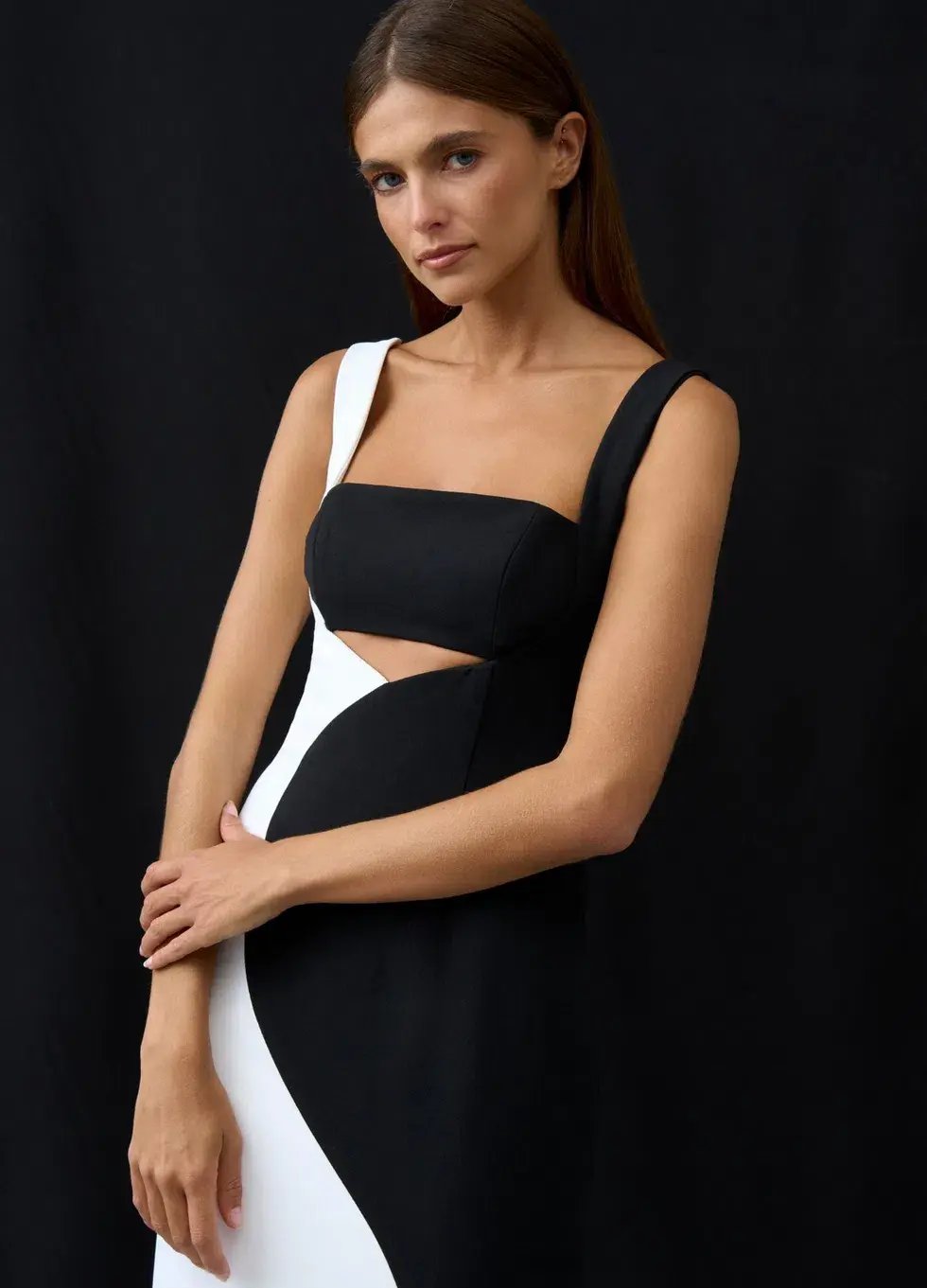 By Johnny Caterina Two Tone Curve Midi Dress Black/White Size AU 10 photo 2
