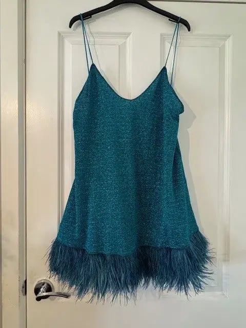 Oseree Lumiere Feather Trimmed Mini Dress Blue Size AU 10 photo 5