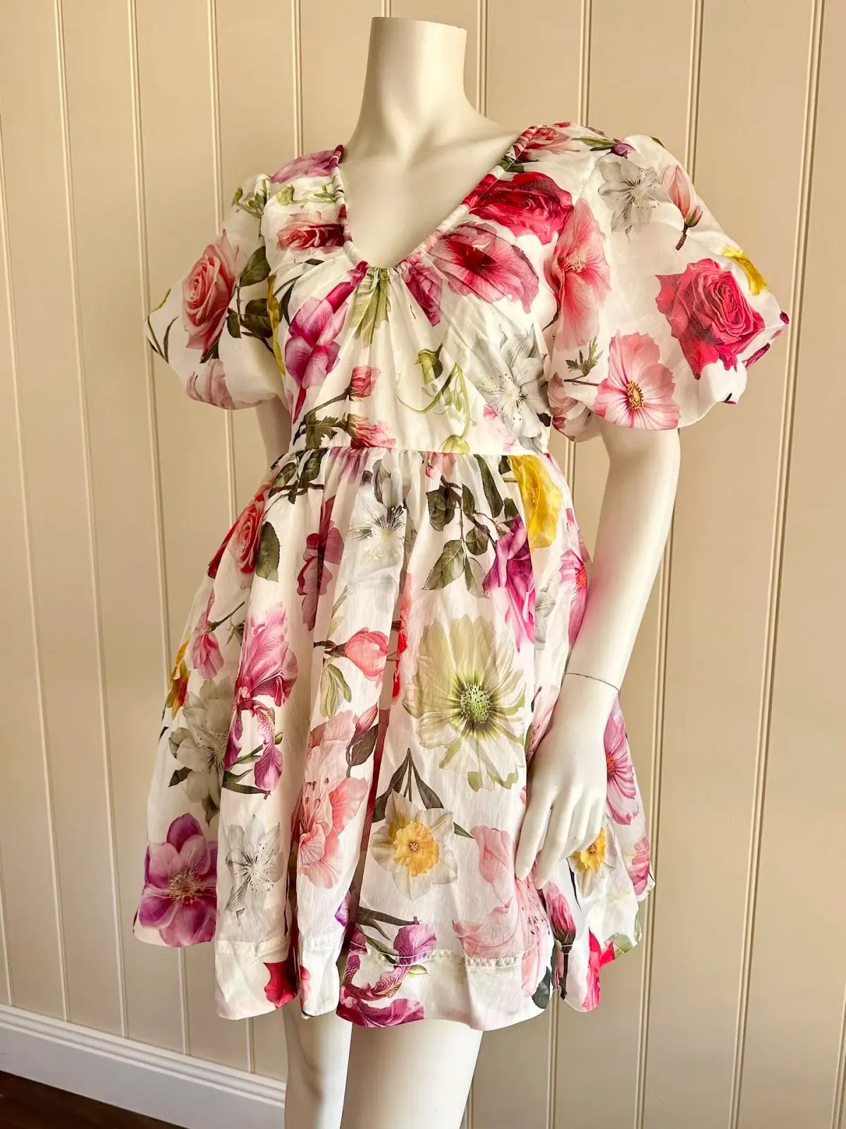 Aje fleur mini dress size 8 floral short puff sleeve photo 2