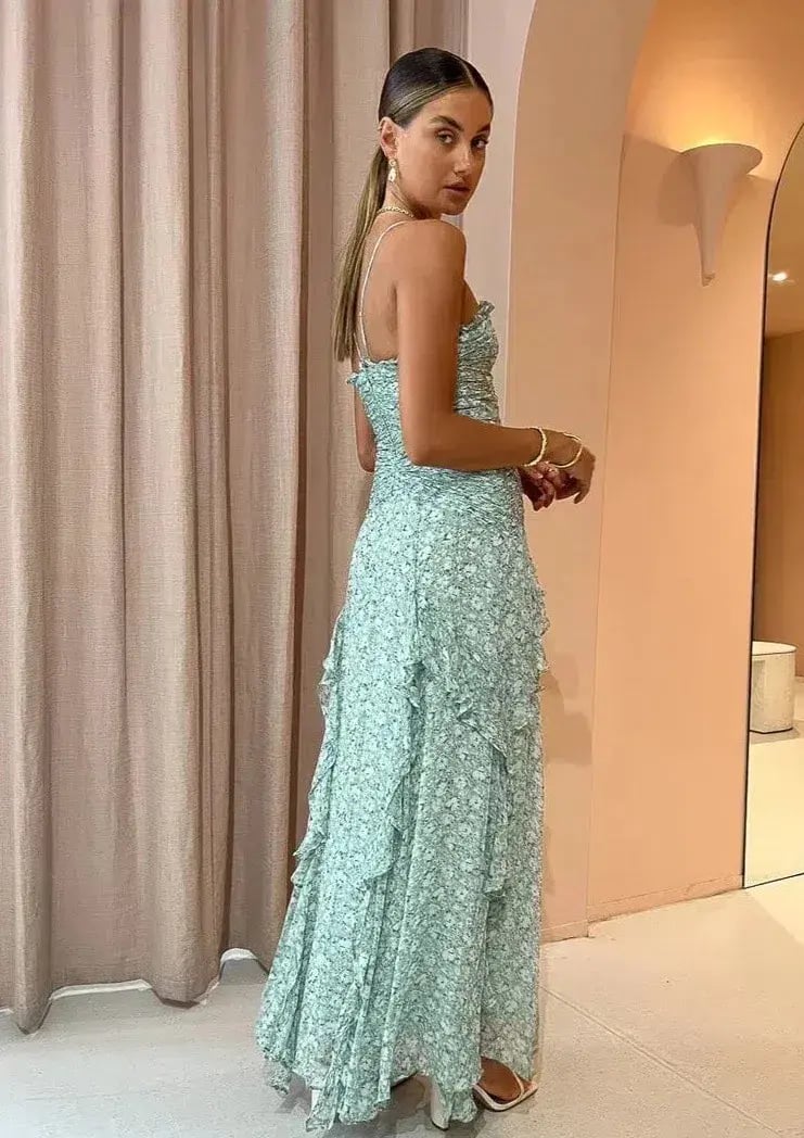 Shona Joy Aurore Ruched Frill Maxi Dress Green Floral - Size 10 photo 3