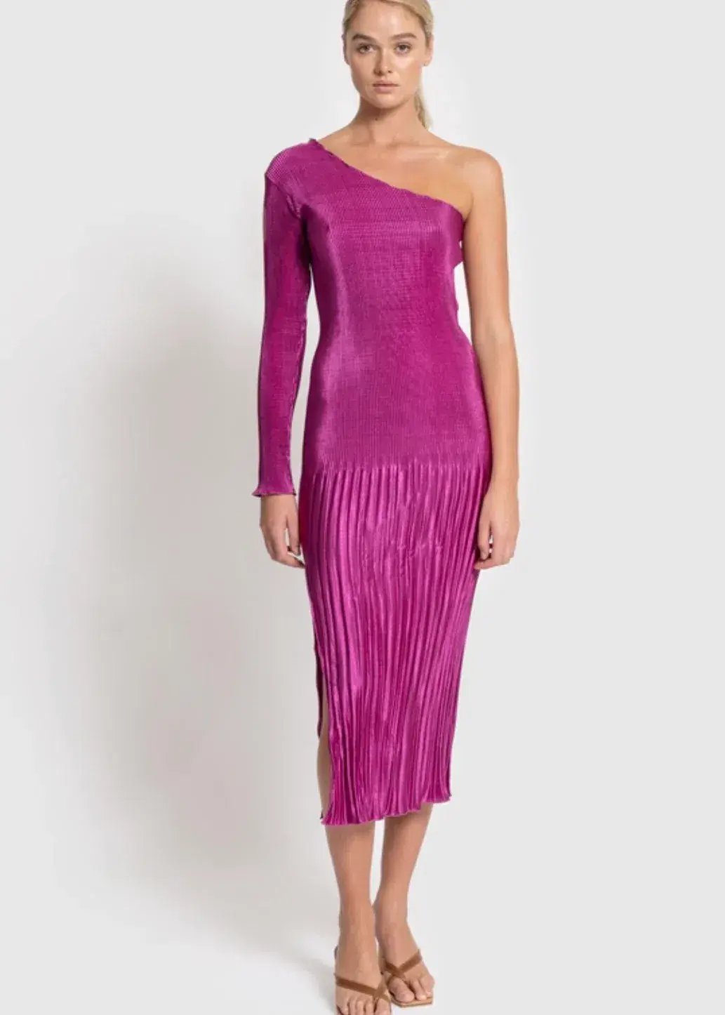 L'Idee Soiree One Shoulder Long Sleeve Dress Magenta Size 10 photo 3