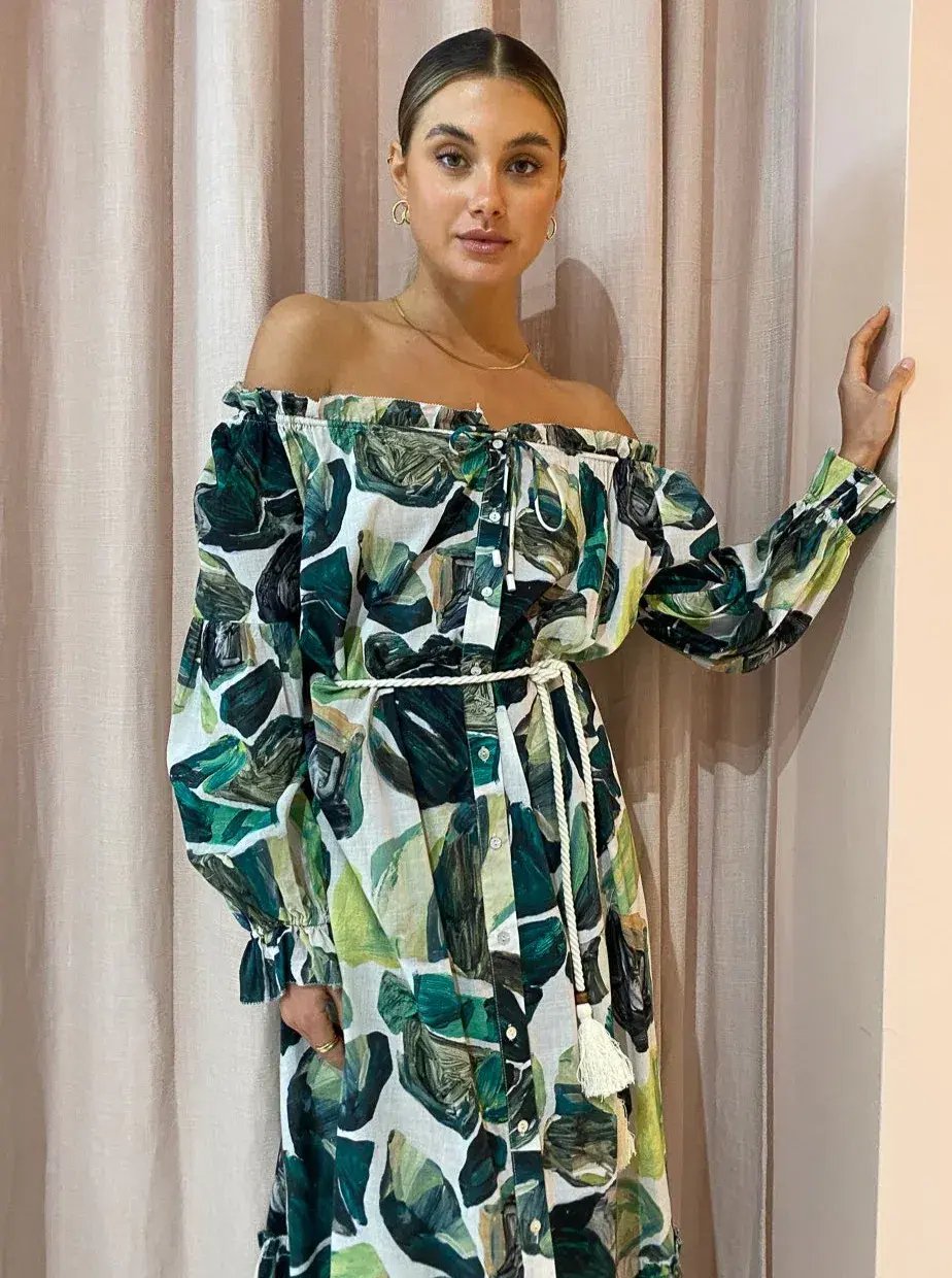 Alemais Siena Off Shoulder Shirt Midi Dress In Green Floral Long Sleeve Green Size AU 14 photo 7