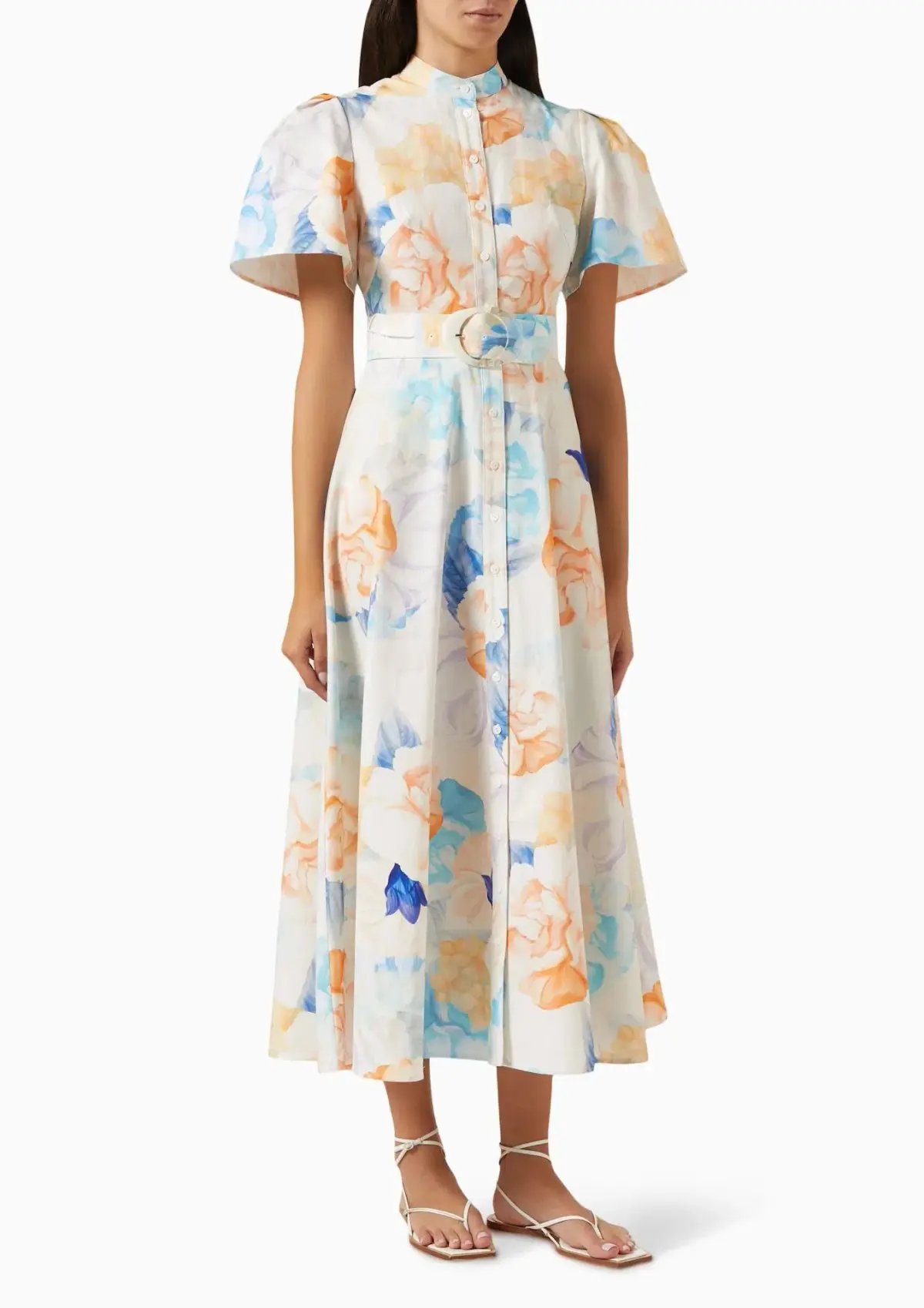 Leo Lin Bianca Short Sleeve Midi Dress in Rosebud Floral Print in Cream Size 14 photo 2