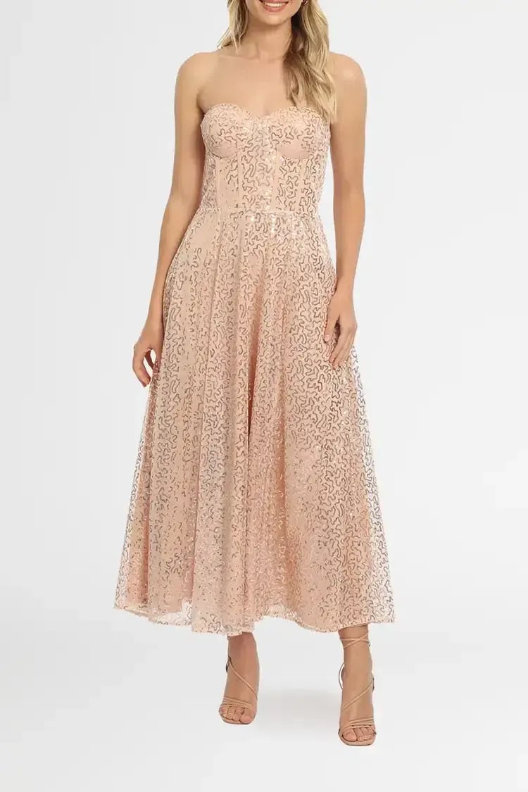 Elle Zeitoune Lana Bustier Midi Dress in Rose Gold Size 12 photo 2