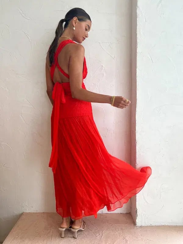Shona Joy Leilani Midi Plunge Tie Back Dress Hibiscus Red Size 6 photo 4