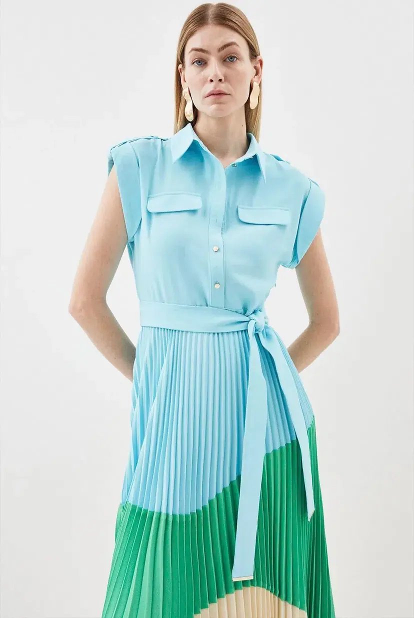 Karen Millen Colour Block Pleated Woven Midi Shirt Dress Multi Size 8 photo 4