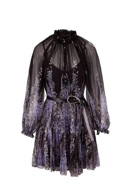 Zimmermann Botanica Lantern Mini Dress Black Lavender Tea Size 1 / AU 10 photo 5