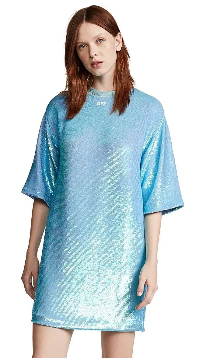Off White Paillettes Sequin Mini Dress Blue Size 6 photo 2