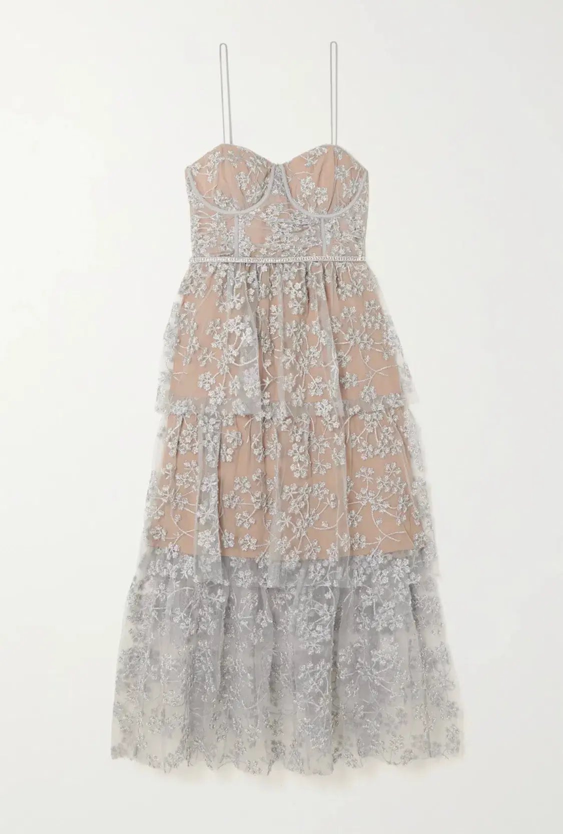 Self-Portrait Tiered Metallic Tulle Midi Dress Silver Size 12 photo 3