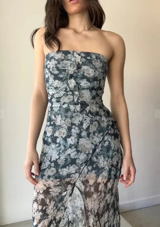 Bec & Bridge Opal Strapless Frill Ruffle Maxi Dress Denim Floral Size 6 photo 4