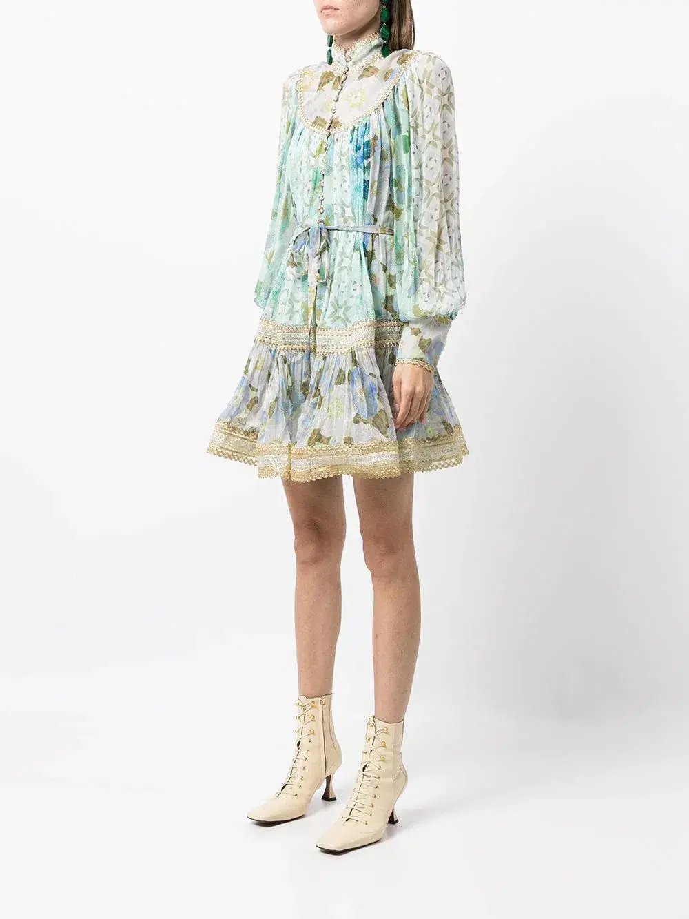 Zimmermann Rhythm Trimmed Billow Mini Dress Aqua Print Size 0 / 8 AU photo 2