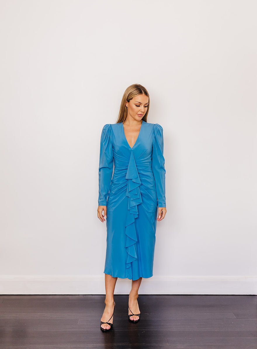 Scanlan Theodore Blue Silk Drape Sleeve Dress photo 3