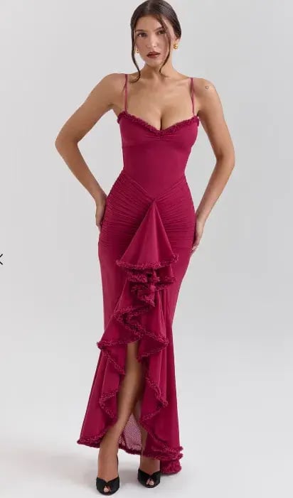 House of CB Gabbi Ruffled Front Gown Wine Size 10 photo 3