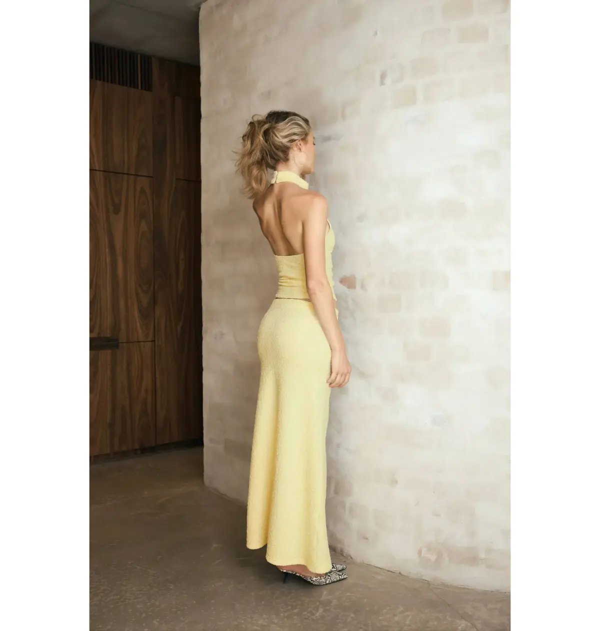 With Harper Lu Textured Halter Top and Maxi Skirt in Limoncello Set Size M / AU 10 photo 4