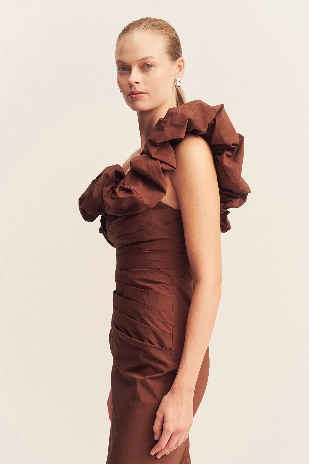 Shona Joy Campbell Ruffle Draped Maxi Dress in Espresso Size 14 photo 4