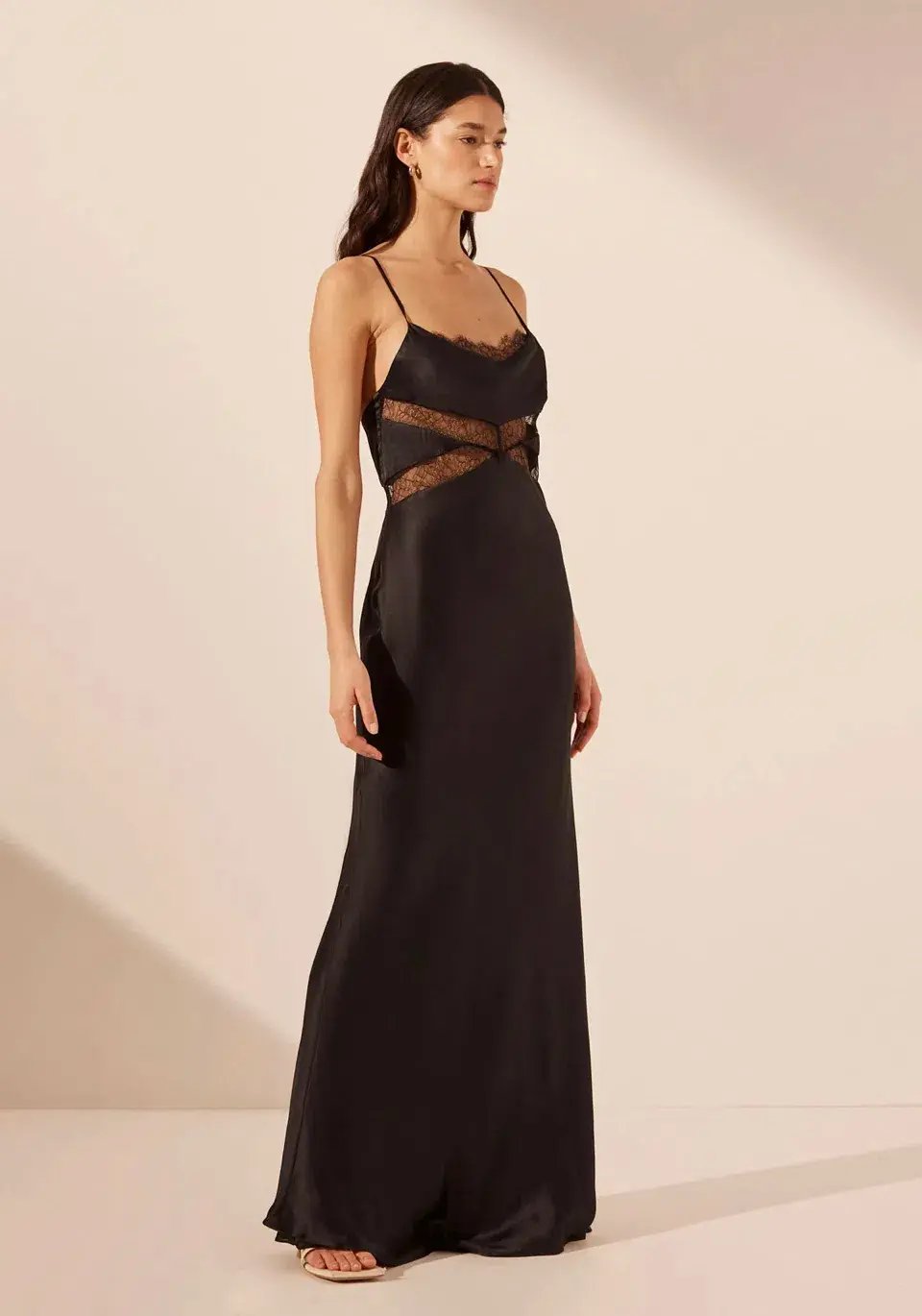 Shona Joy Leticia Silk Cowl Neck Lace Maxi Dress Black Size 6 photo 3