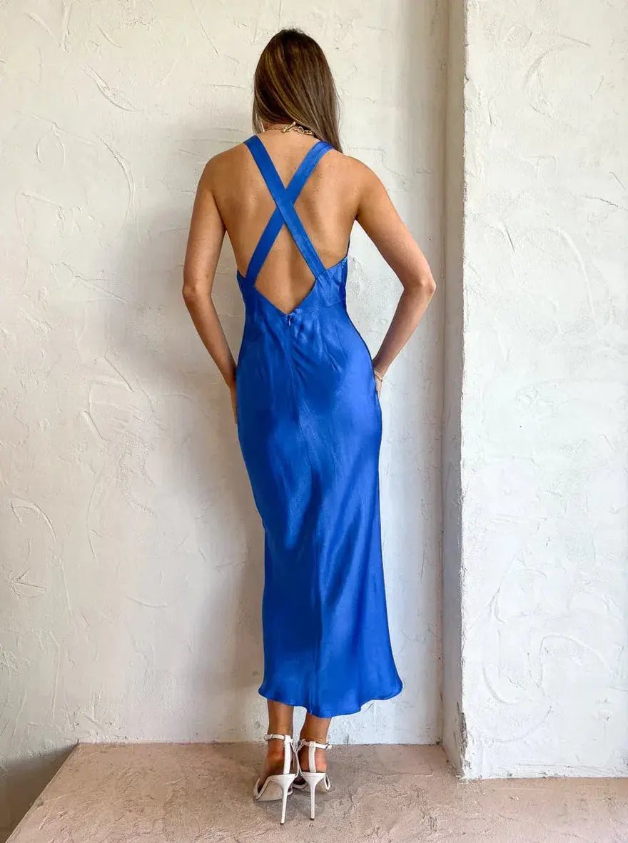 Shona Joy Oliviera Plunged Cross Back Midi Dress Blue Size 8 photo 2