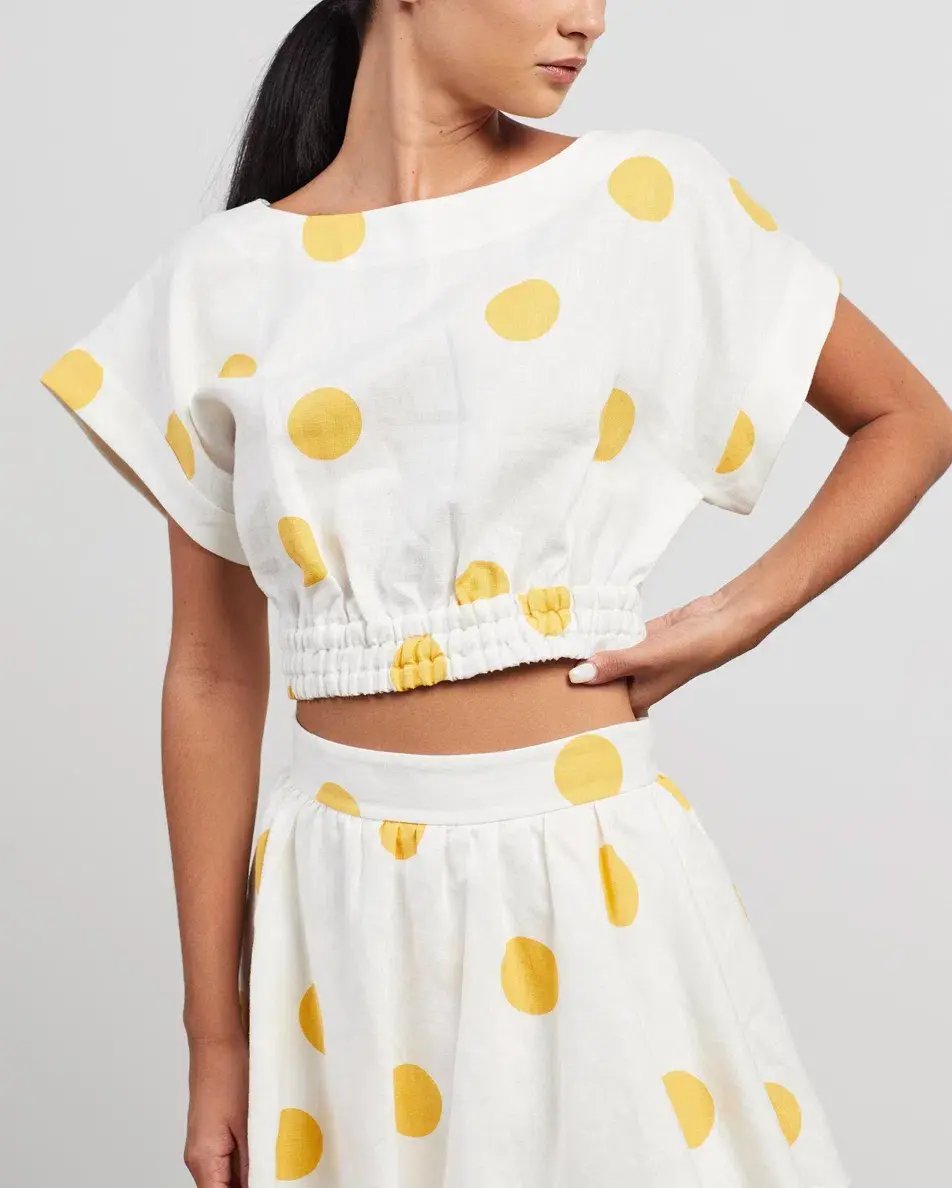 Rebecca Vallance Aya Polka-Dot Linen Midi Skirt and Crop Set White Print Size 12 photo 3