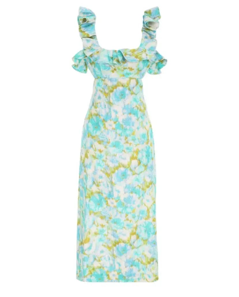 Zimmermann High Tide Frilled Midi Dress Aqua Ikat Floral Size 1/Au 10 photo 3