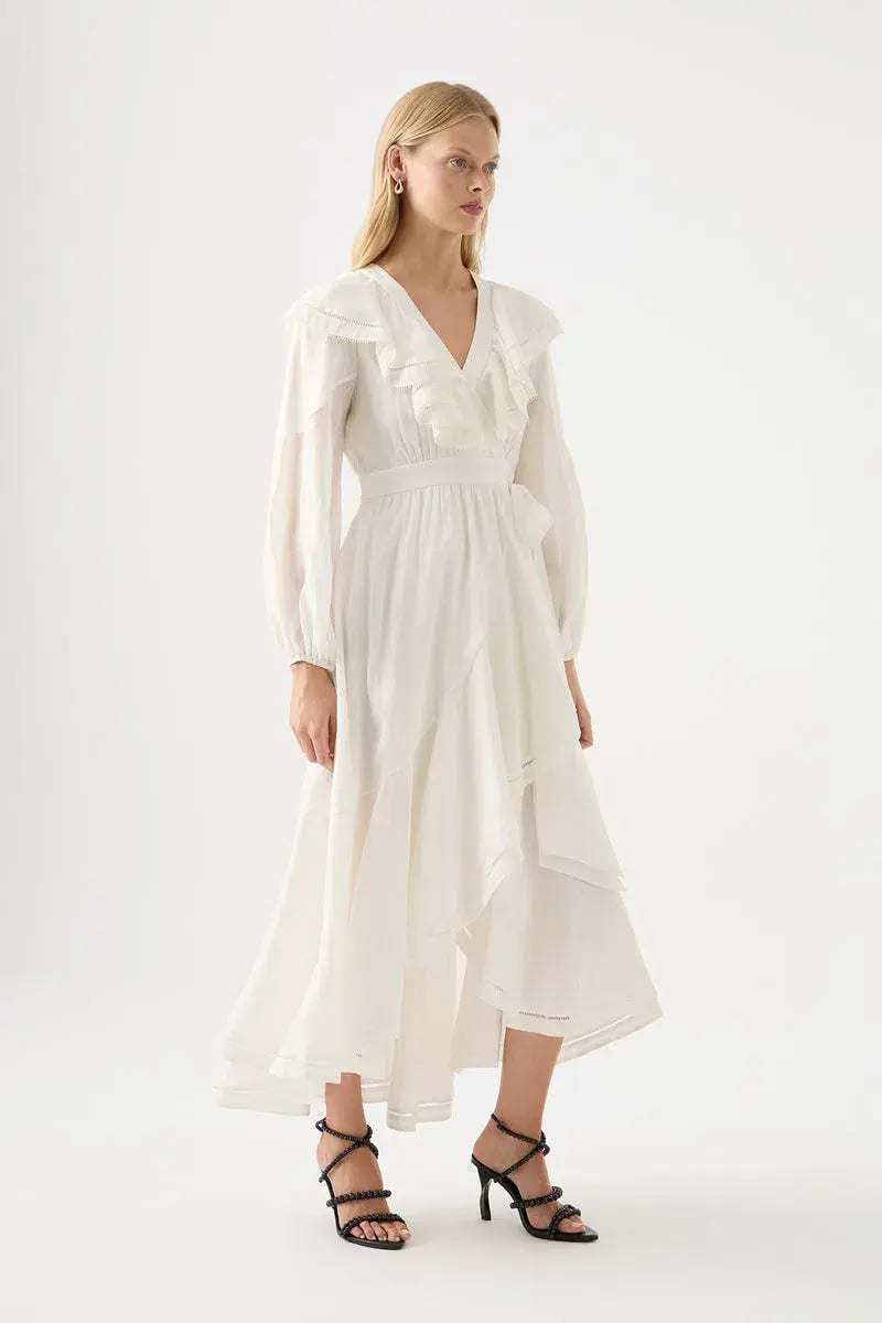 Aje Zoe Ruffle Wrap Midi Dress in Ivory Size 8 photo 2