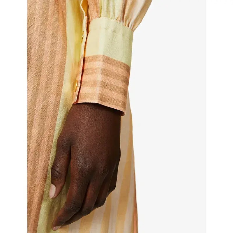 Oroton Striped Long Sleeve Belted Straight Fit Linen Midi Dress Almond Milk Size 12 photo 4