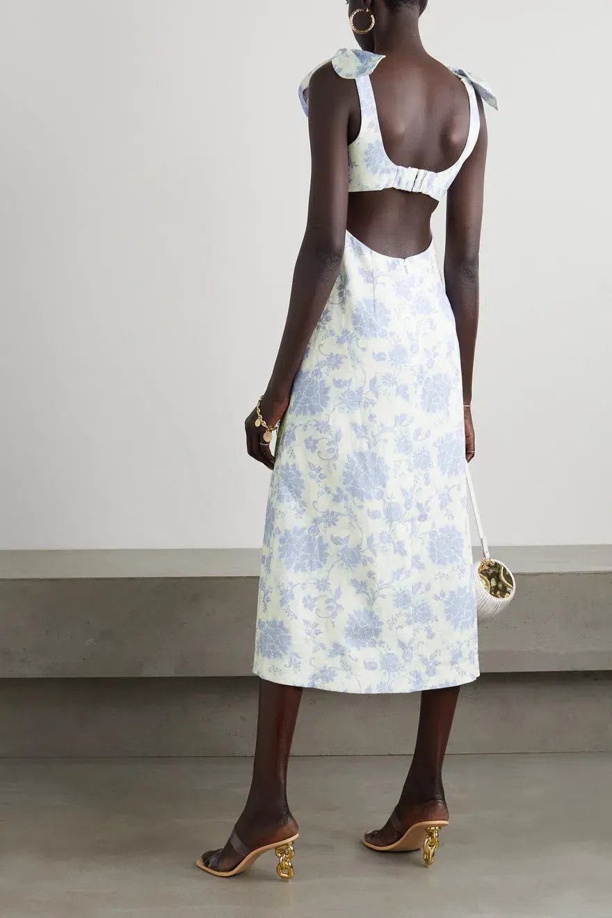 Zimmermann The Postcard Tie Shoulder Midi Dress Blue Tonal Floral Size 0 / AU 8 photo 2