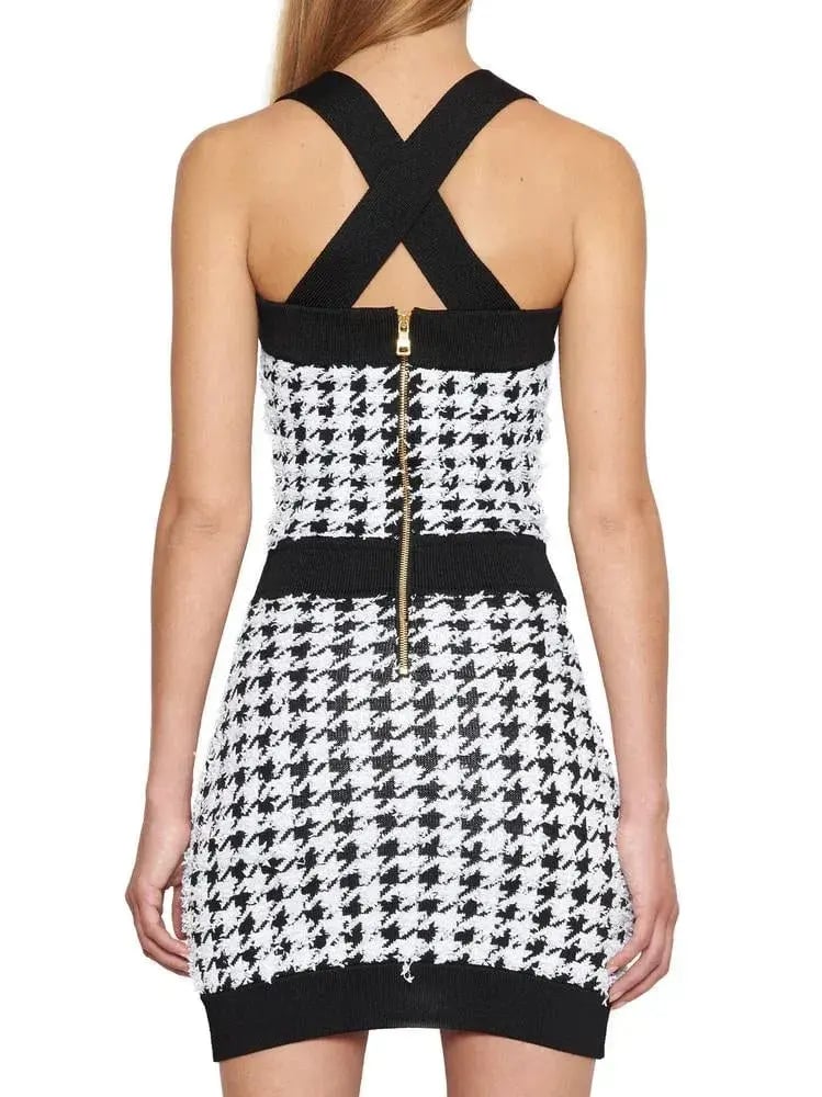 Balmain Pied De Poule Strappy Knit Mini Dress Black/White Size 8 photo 3