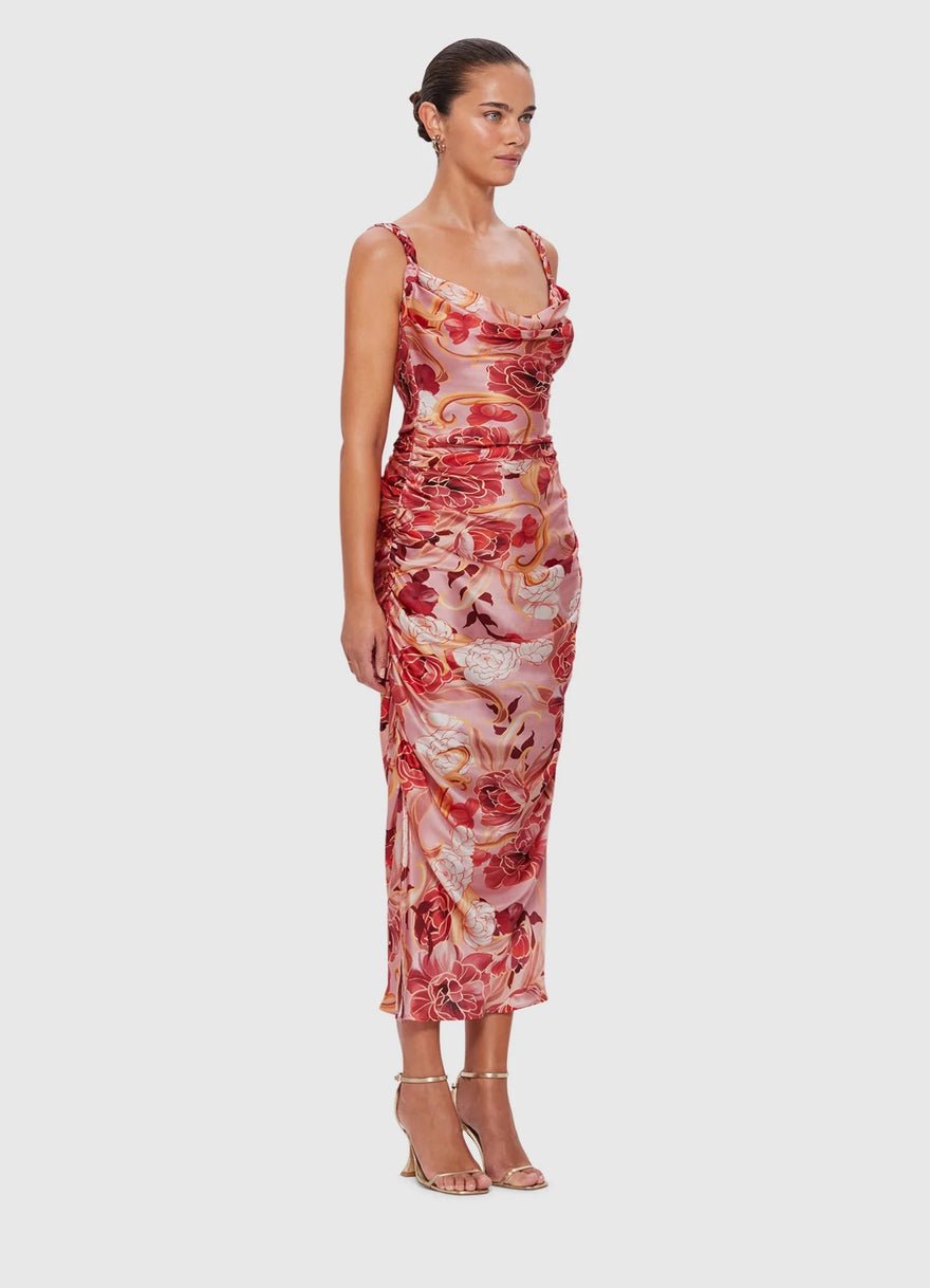 Leo Lin Rachel Cowl Neck Slip Dress - Adorn Print In Passion photo 4