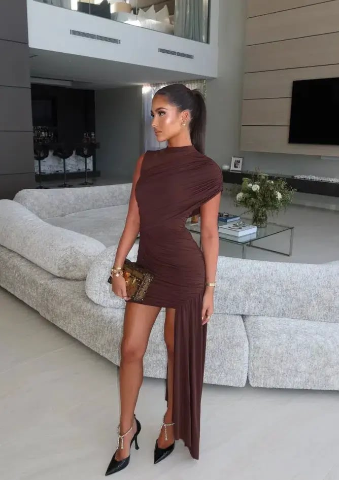 De La Vali Ravenna Draped Jersey Mini Dress in Chocolate Brown Size AU 8 photo 2