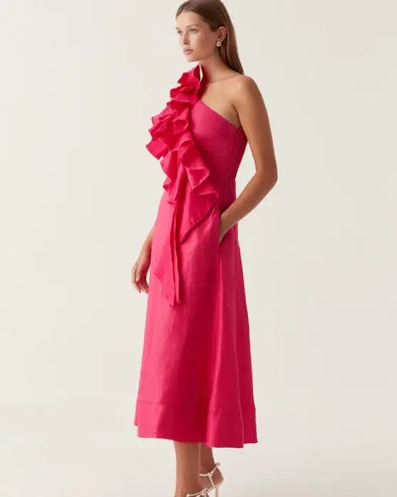 Aje Adelia Ruffle Midi Dress in Pink Size 8 photo 2