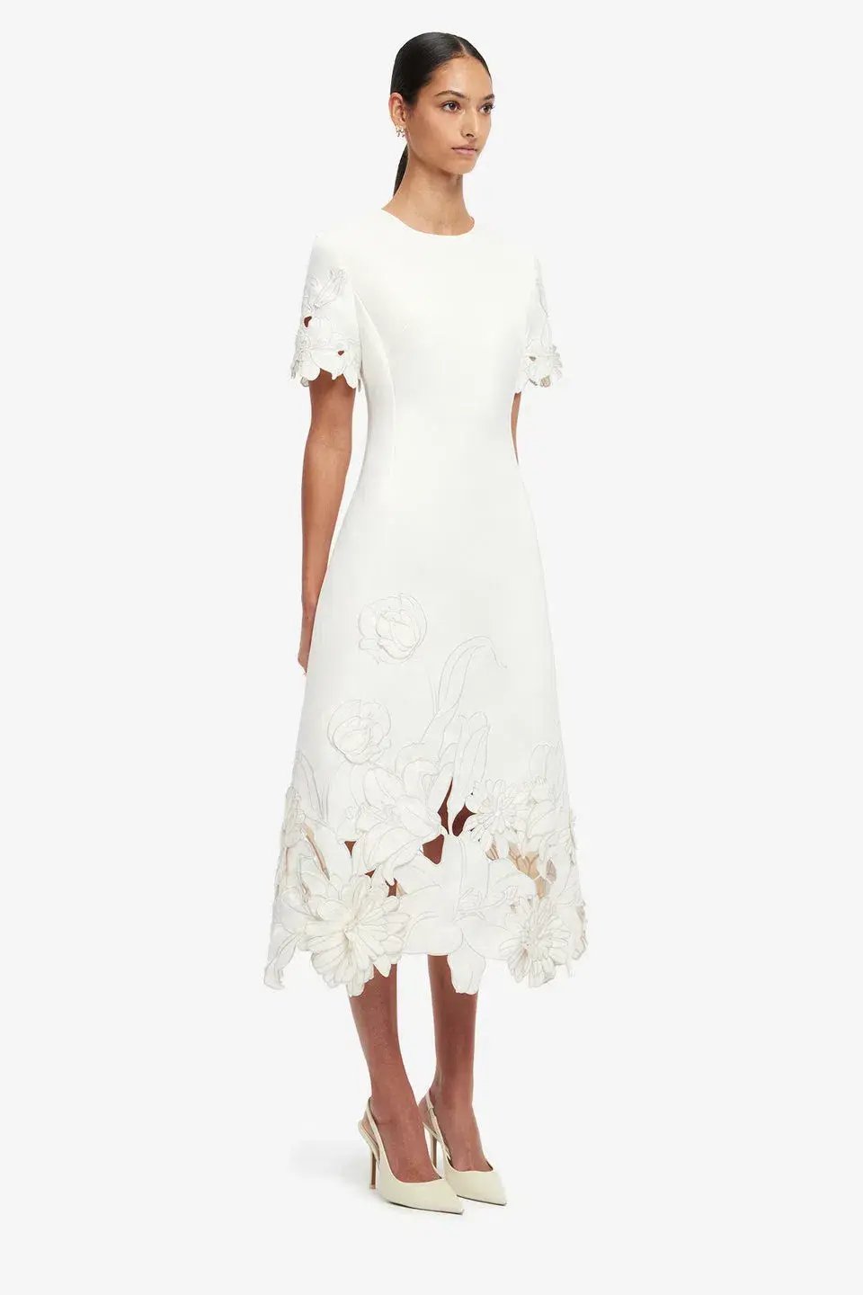 Leo Lin Caroline Applique Short Sleeve Midi Dress Ivory Size 10 photo 3