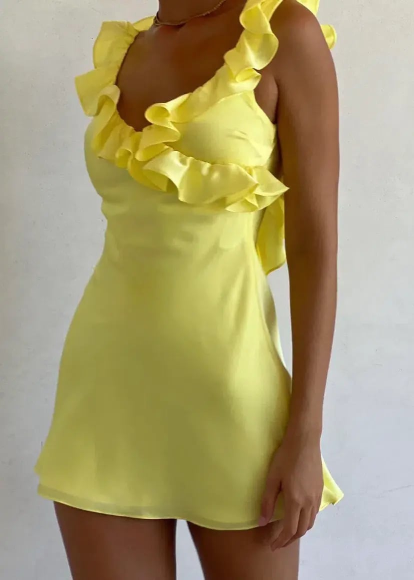 House Of CB Tink Satin Ruffle Mini Dress Buttercup Yellow Size M / AU 10 photo 2