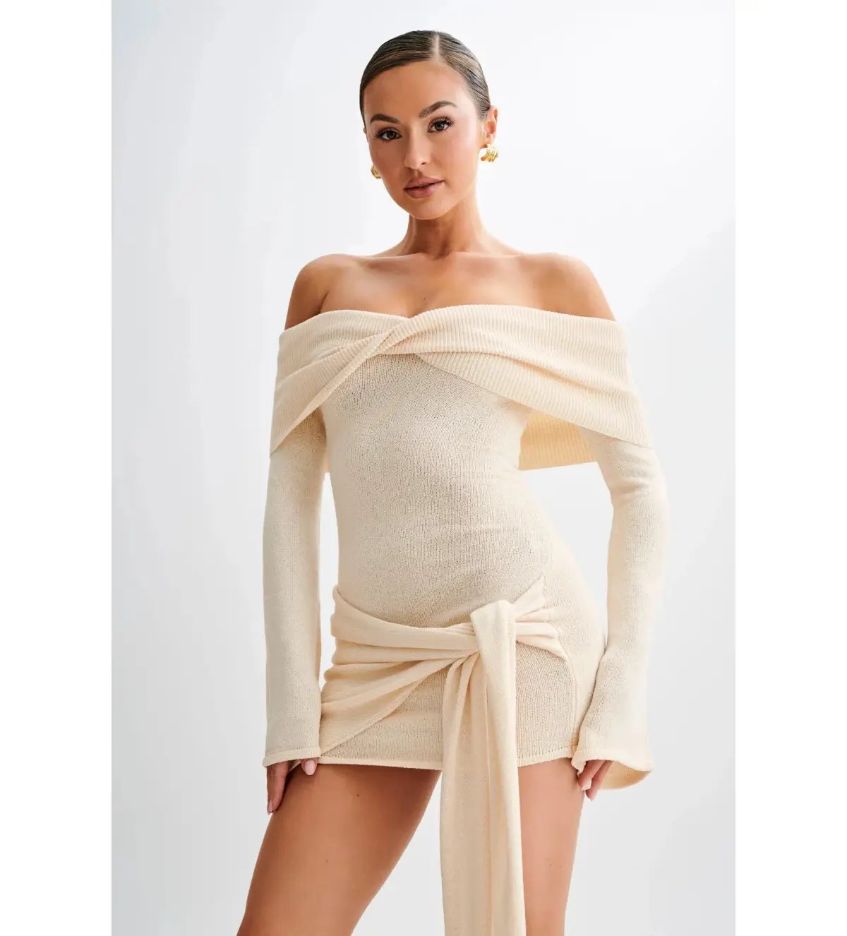 MESHKI Camryn Off Shoulder Tie Knit Mini Dress in Cream Marle Size XS/AU 6 photo 2
