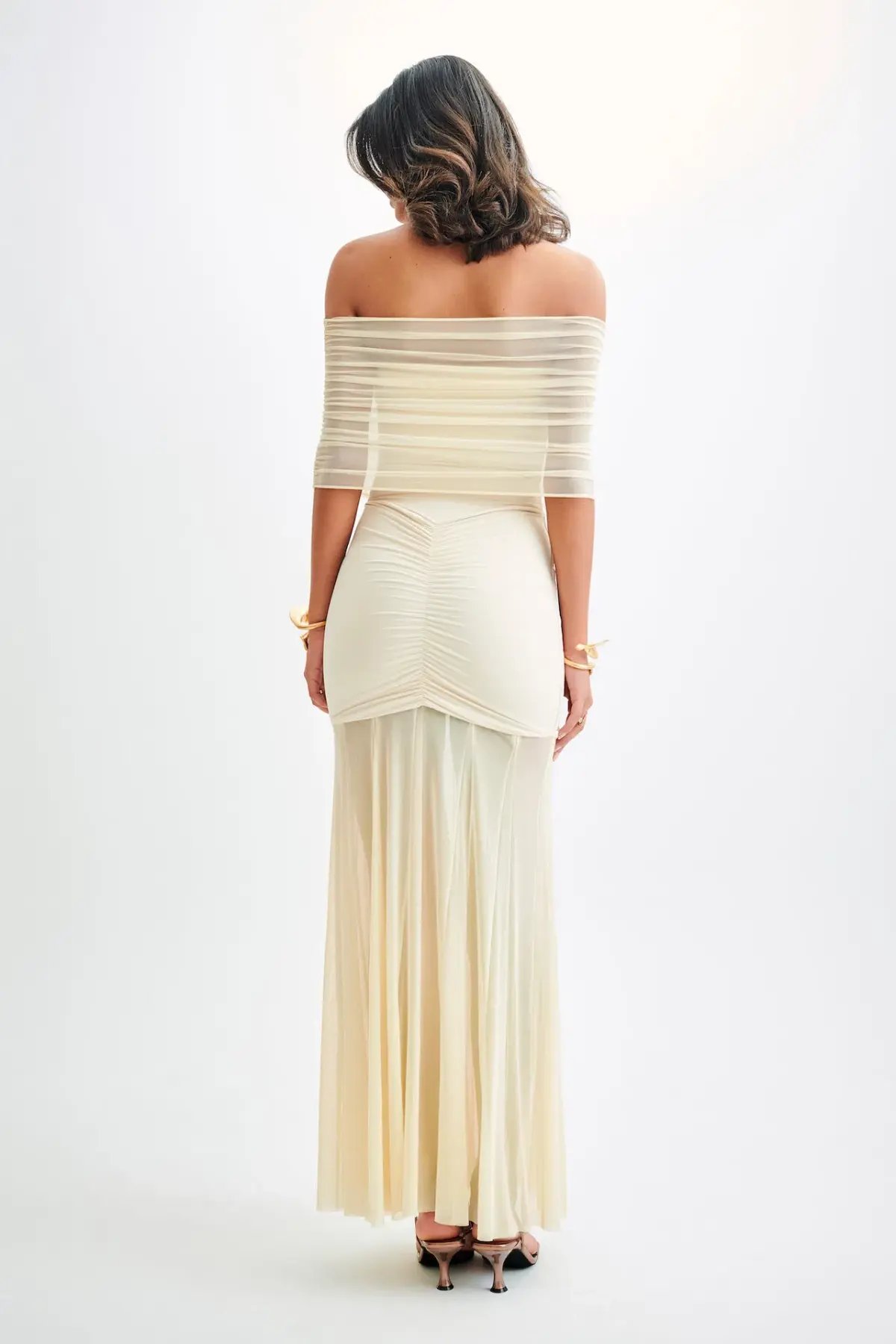 Meshki Caspian Slinky And Mesh Off Shoulder Maxi Dress Ivory Size S / AU 8 photo 3
