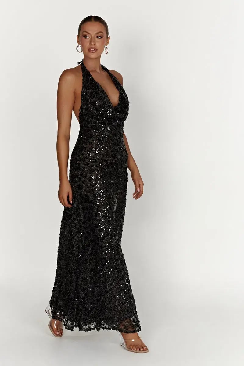 Meshki Nicola Plunge Neck Sequin Maxi Black Size M/AU 10 photo 2