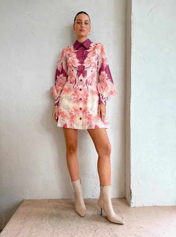 Leo Lin Luminous Silk Linen Mini Dress in Orient Print in Hibiscus Pink Size 10 photo 4