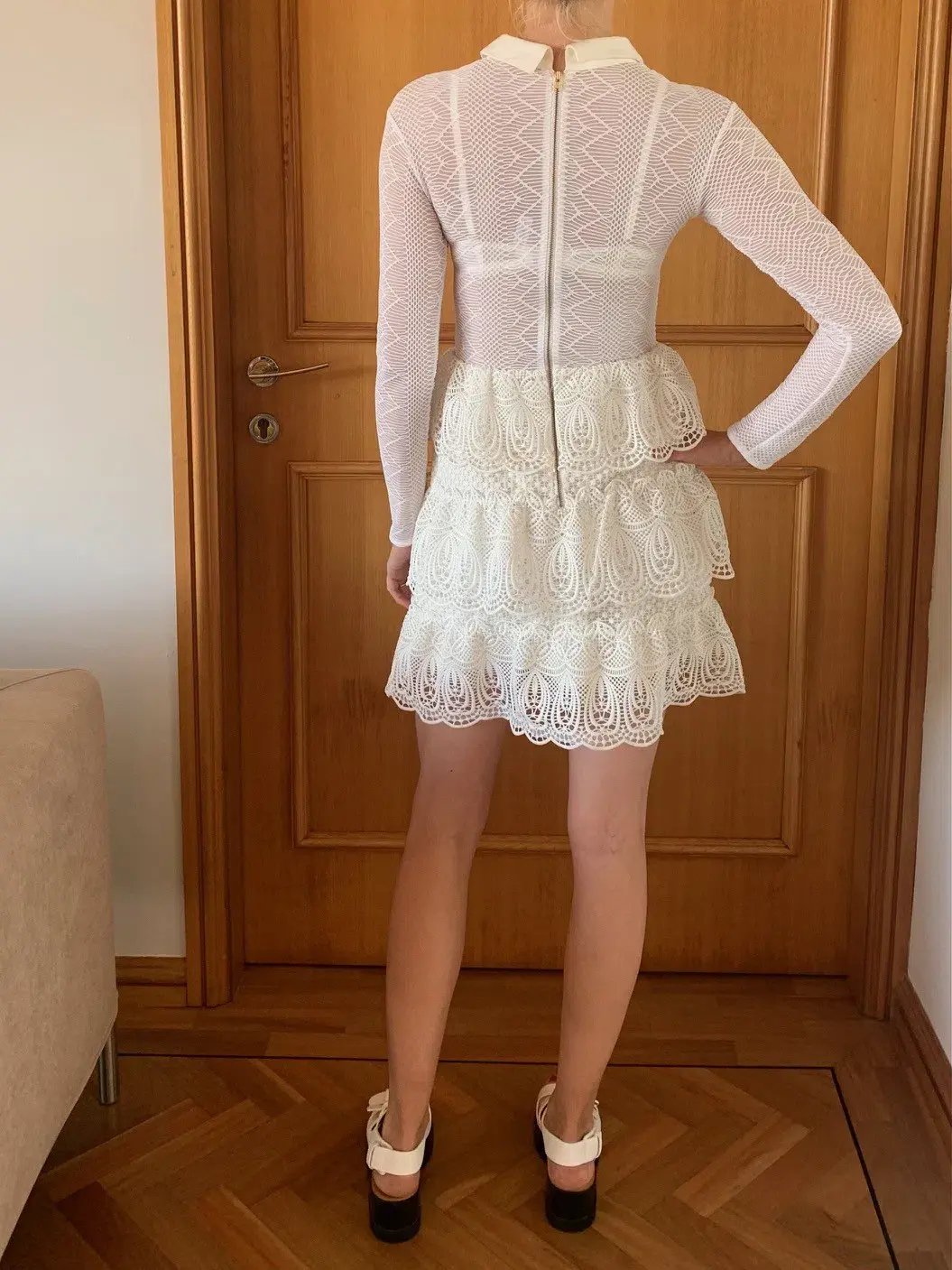 Self-Portrait Long-Sleeve Tiered Scalloped Lace Dress White Size AU 12 photo 4